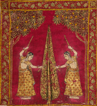 Two women performa Garba dance around the tree of life. Indian painting