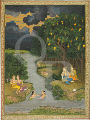 Antique painting of women relaxing by a river, India