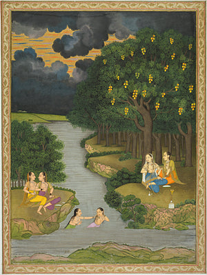 Indian painting of women relaxing by a river