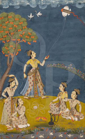 Women with a Kite and a Hookah. Antique Indian painting