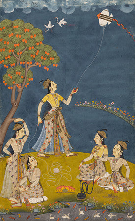 Women with a Kite and a Hookah. Antique Indian painting