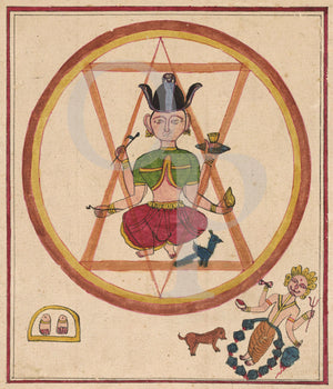 Indian painting of a Tantric deity, in front of a Yantra, with Shiva.