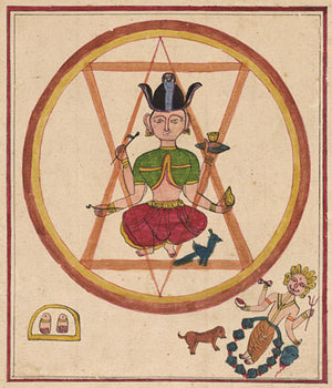 Indian painting of a Tantric deity, in front of a Yantra, with Shiva.