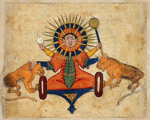 Persian zodiac painting of the Sun with two lions.