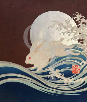 White Rabbit and Full Moon. Antique Japanese Fine Art Print