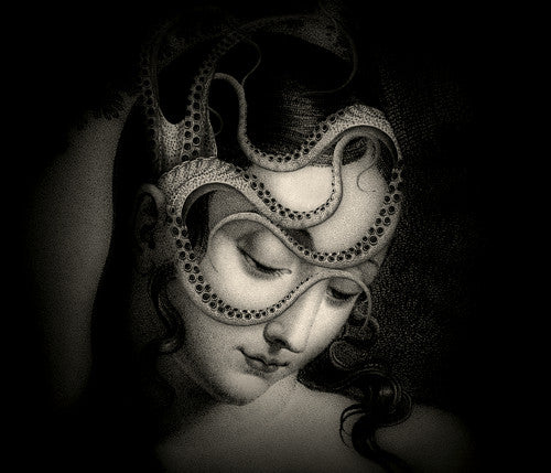 Atlantis. Original surreal collage. Woman with octopus mask