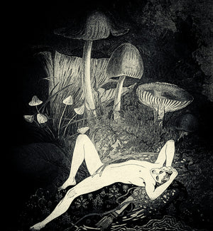 Collage of a male nude figure lying on the ground with mushrooms in a dark forest setting