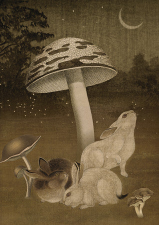 Summer Moon. Rabbits & Mushrooms under a Crescent Moon 