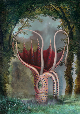 Surreal octopus in forest. Original Collage