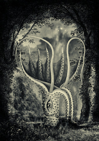 Deep Blue Forest. Surreal octopus in forest. Original Collage