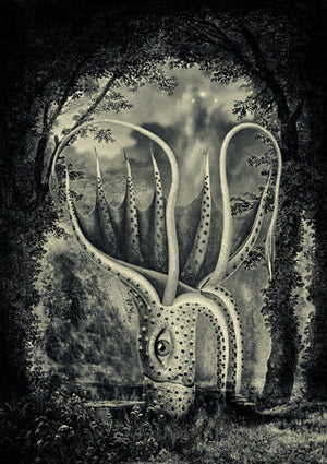 Deep Blue Forest. Surreal octopus in forest. Original Collage