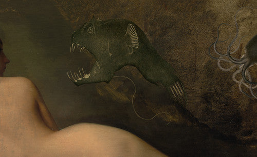 Sweet Dreams. Original collage nightmare woman with strange fish