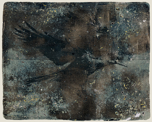 Night Flight. Flying raven, from an original monotype by Opium of the Poets