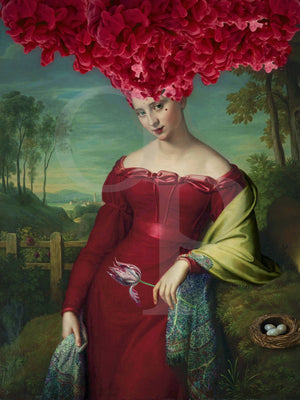 Scarlet Temptress. Original collage.  Woman with rose petals