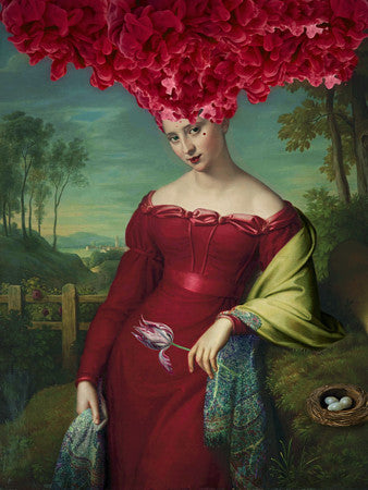 Scarlet Temptress. Original collage.  Surreal woman with rose petals