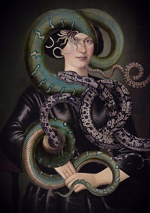 Embrace. Original collage. Woman with snakes. Gothic snake charmer