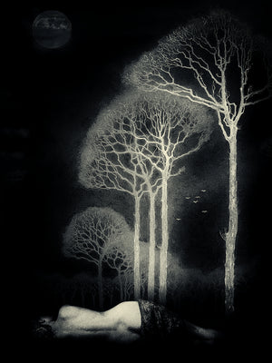 Terra Luna. Woman sleeping under moonlight trees. Original collage
