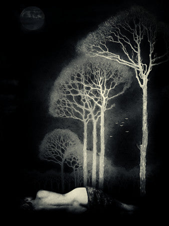Terra Luna. Woman sleeping under moonlight trees. Original collage