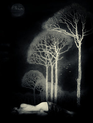 Terra Luna. Woman sleeping under moonlight trees. Original collage
