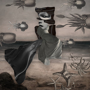 Evening Adventures. Surreal flying woman at octopus beach. Original collage. Fine art print