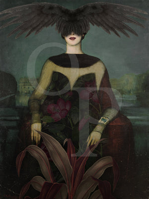 Perfume. Original collage. Dark bird woman with flowers