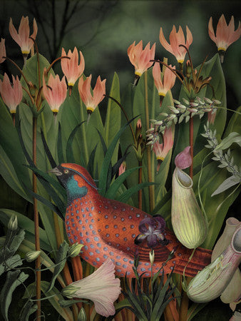 Mon Glow. Exotic bird in night garden with flowers. Original collage