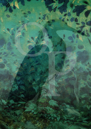 Heron with flowers and leaves. Emerald Forest collage. Fine art print