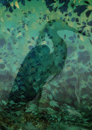 Emerald Forest. Floral heron collage. Fine art print 