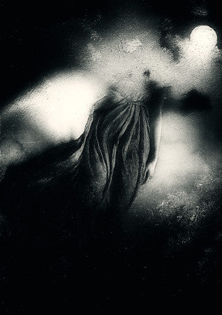 Sleepless. Original Dark Surreal Collage. Ghostly Gothic female floating in moonlit sky.