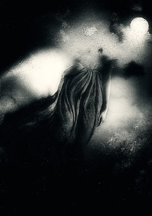 Sleepless. Original Dark Surreal Collage. Ghostly Gothic female floating in moonlit sky.