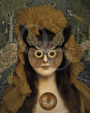 Spell of Athena. Original Collage. Owl woman