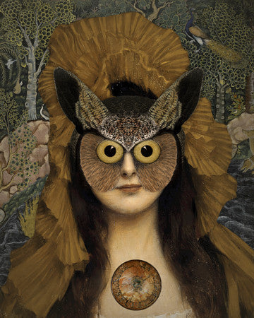 Spell of Athena. Surreal owl woman. Original Collage.