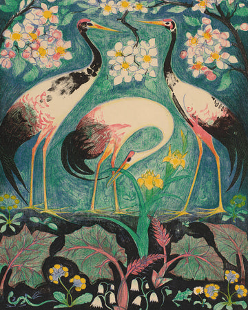 Antique Illustration of cranes and flowers