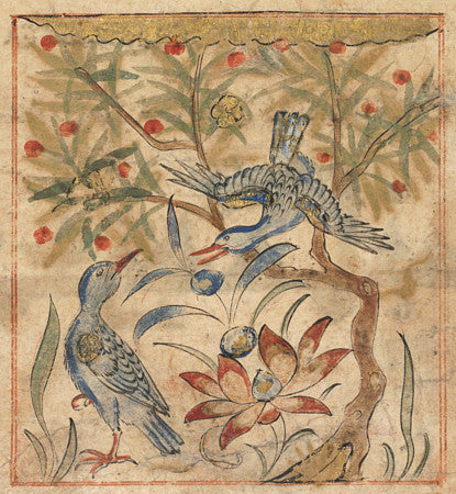Persian painting of Ringdoves and Lotus Flower