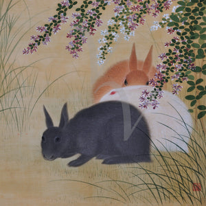 Three Rabbits. Vintage Japanese painting wall art. Fine art print