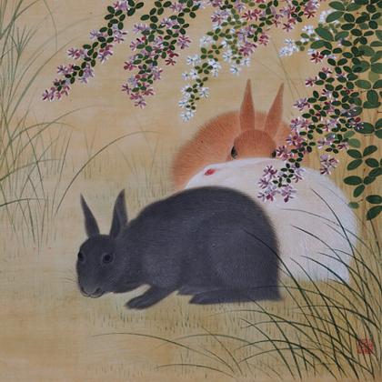 Three Rabbits. Antique Japanese painting. Fine art print