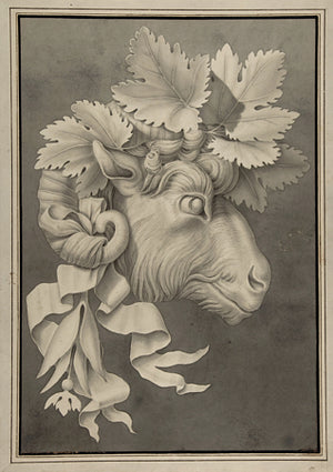Ornamental Ram's Head antique ink painting. Fine art print 