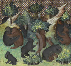 Medieval artwork of bears in a forest. Fine art print