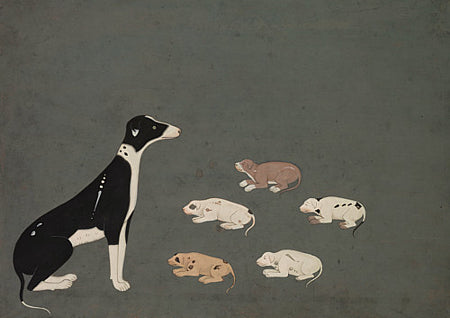 Indian antique painting of a dog with pups. Fine art print