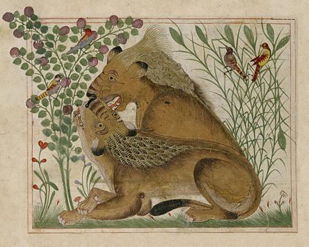 Persian Lions. Antique bestiary painting. Fine art print 