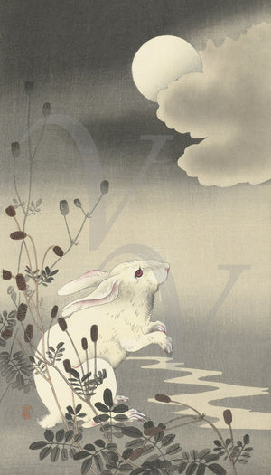 Japanese woodcut of a rabbit under a full moon. Fine art print
