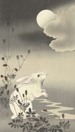Japanese woodcut of a rabbit under a full moon. Fine art print 