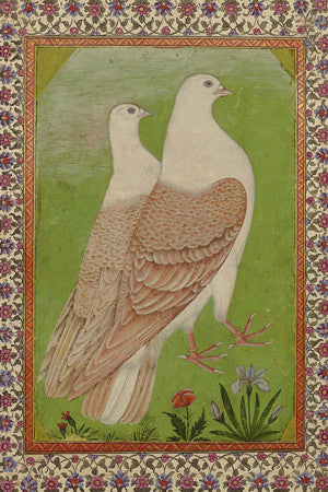 Two doves. Antique Indian painting. Fine art print 