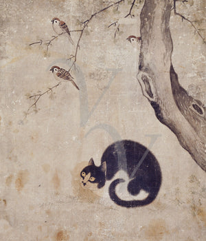 Cat watching birds in a tree. Korean painting. Fine Art print