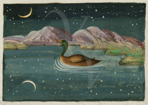 Persian antique painting. Duck by Moonlight. Fine art print