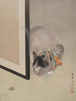 Cat and Spider. Japanese Painting. Meiji Period. Fine Art Print