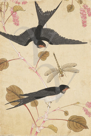 Birds, Blossoms and Dragonfly. Vintage painting Korea. Fine art print