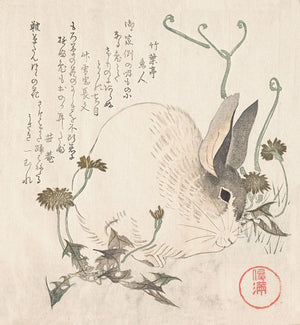 Rabbit in Dandelions. Japanese woodblock fine art print