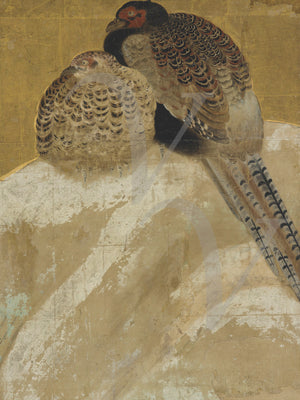 Vintage Japanese painting of two pheasants in the snow