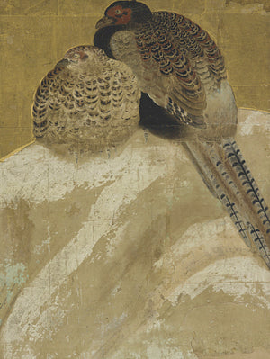 Vintage Japanese painting of two pheasants in the snow